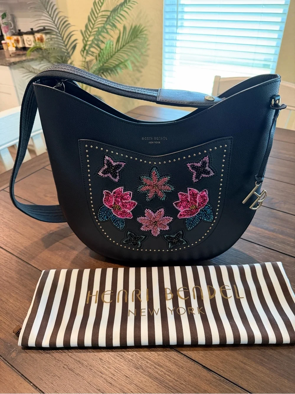 Henri Bendel Rare Embellished Beaded Floral Black Pebbled Leather Hobo wDust Bag